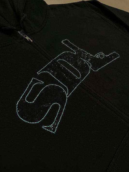 Black/Blue Virgin SDL Rhinestone Zipup