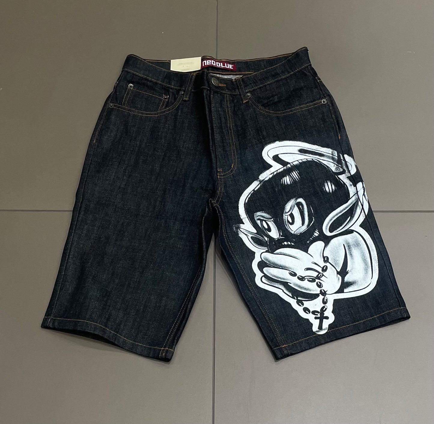 Black Denim/White Badways Shorts