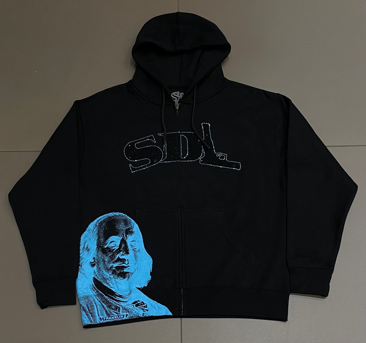 Black/Blue Virgin SDL Rhinestone Zipup